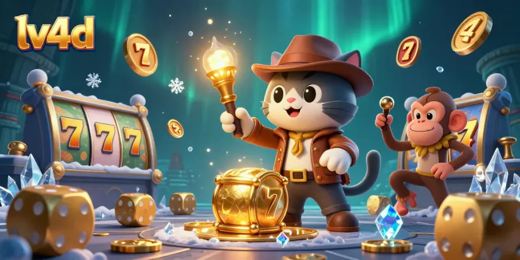 Experience thrilling gaming at lv4d with a vivid 3D illustration of cats discovering casino treasures.