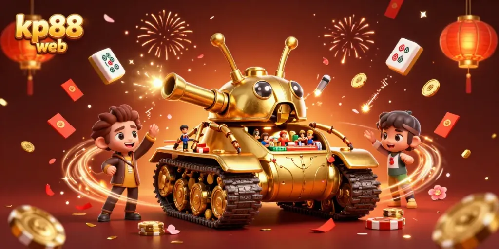 Engage in thrilling gaming experiences at kp88 web with a vibrant cartoon casino atmosphere and festive elements.