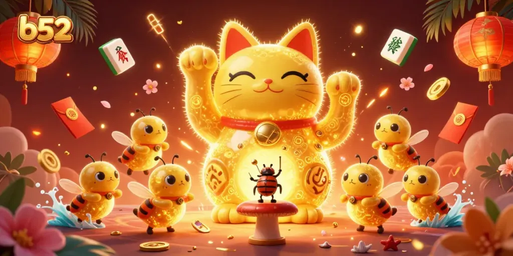 Experience the vibrant casino energy of b52 with a lucky cat, fireflies, and festive symbols.
