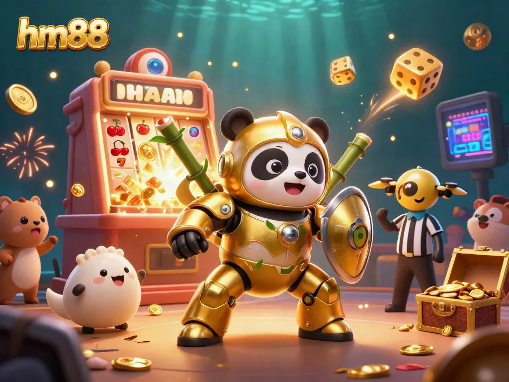 Engage with dynamic casino action featuring hm88's themed 3D golden panda and slot machine excitement.