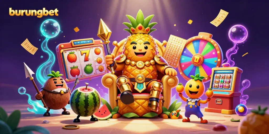 Play interactive slot games with burungbet, featuring colorful characters and vibrant casino elements.
