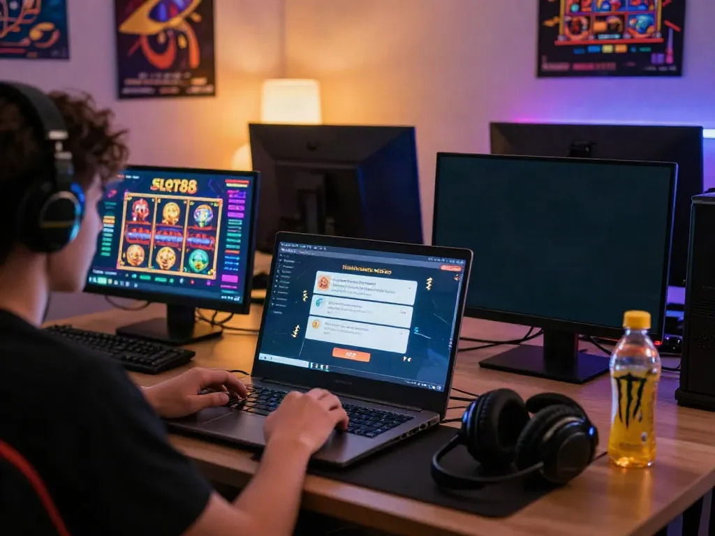 Player engaging with slot88 online gaming platform in a vibrant, immersive home setup.