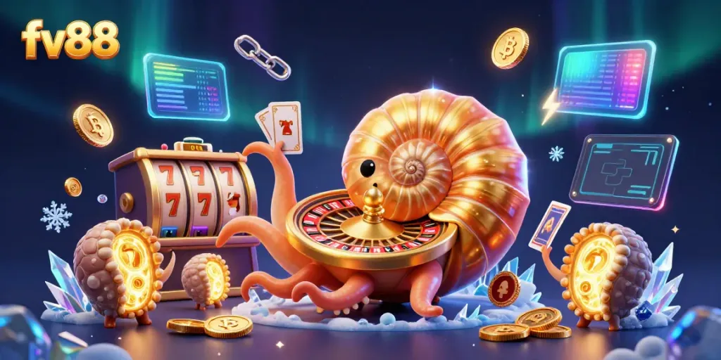 Experience the thrill of fv88's casino world featuring a giant nautilus roulette player amid shining coins and jackpot symbols.