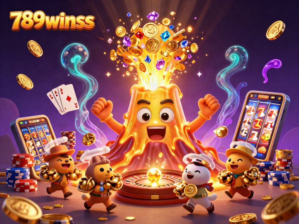 Engage with 789winss thrilling casino excitement as a golden volcano erupts treasures amidst lively gaming elements.