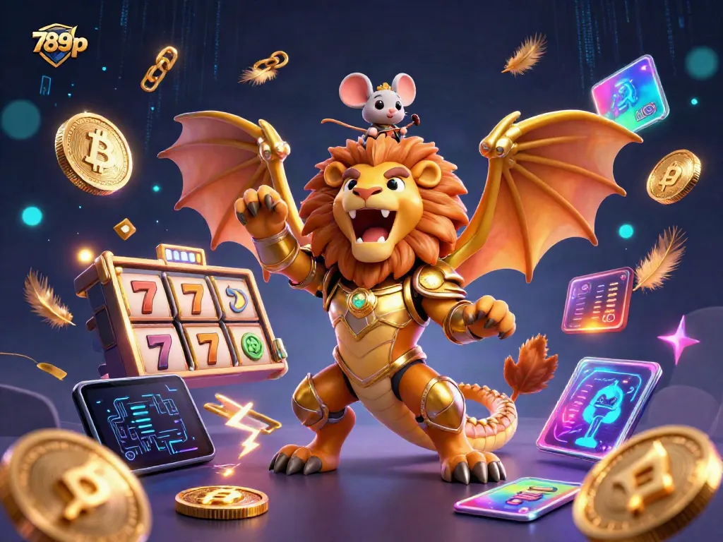Experience thrilling gameplay at 789p with a roaring chimera and vibrant slot elements.