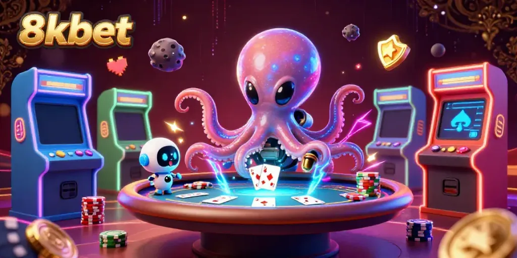 Experience thrilling poker action with 8xbet's vibrant 3D alien octopus casino scene.