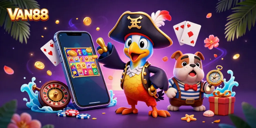 VAN88 connects dynamic casino elements with vibrant characters in this action-packed gaming scene.