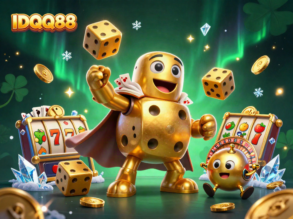Engage in thrilling gaming adventures with IDQQ88 illustrated in a vibrant 3D scene filled with slot elements.