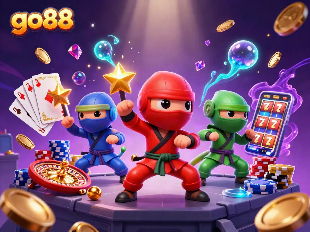 Experience the thrill of go88 as our animated chameleon ninjas celebrate wins with golden coins and casino games!