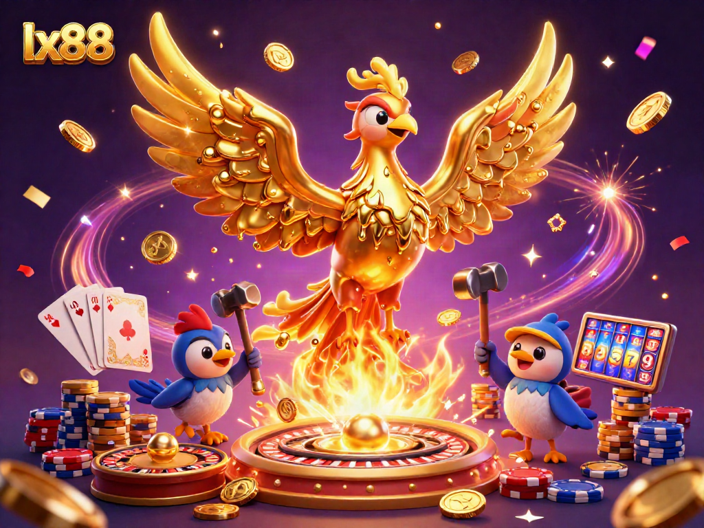 Experience lx88 with a golden phoenix and exciting casino elements stunningly illustrated.