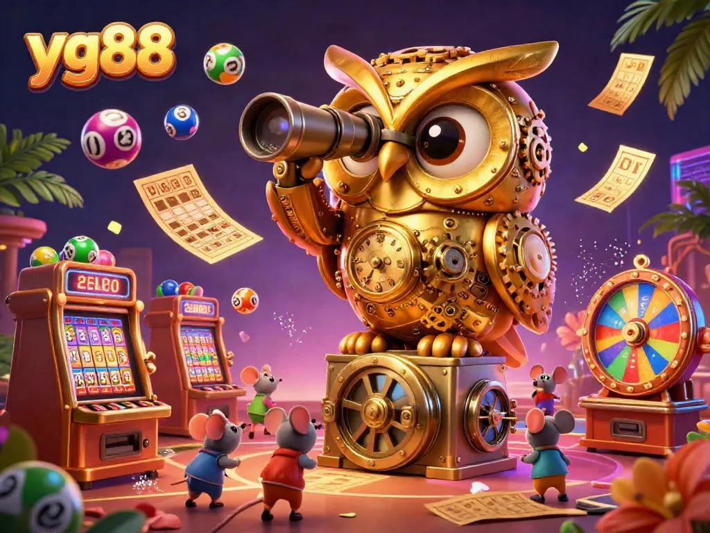 Experience the thrill of yg88's vibrant casino with a clockwork owl scanning the gaming floor.