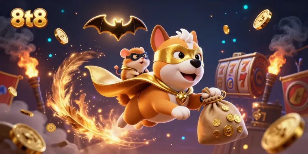 Experience the excitement of 8tt8 with a superhero dog and hamster in a vibrant casino adventure.