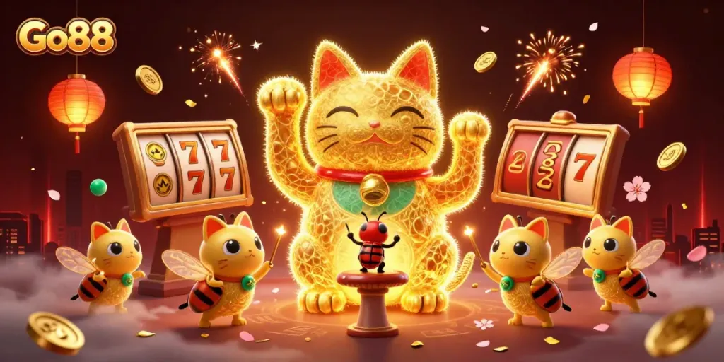 Go88 highlights a giant lucky cat and vibrant casino elements, showcasing winning opportunities in 2026.