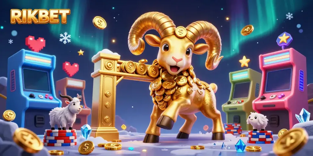 Experience thrilling gameplay at RIKBET with a golden ram charging through a vibrant casino scene filled with excitement.