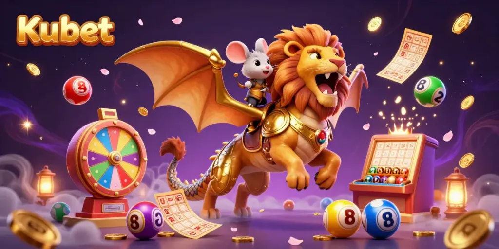Kubet illustrates an exciting casino experience with vibrant, colorful elements including lottery balls, a chimera creature, and engaging game visuals.