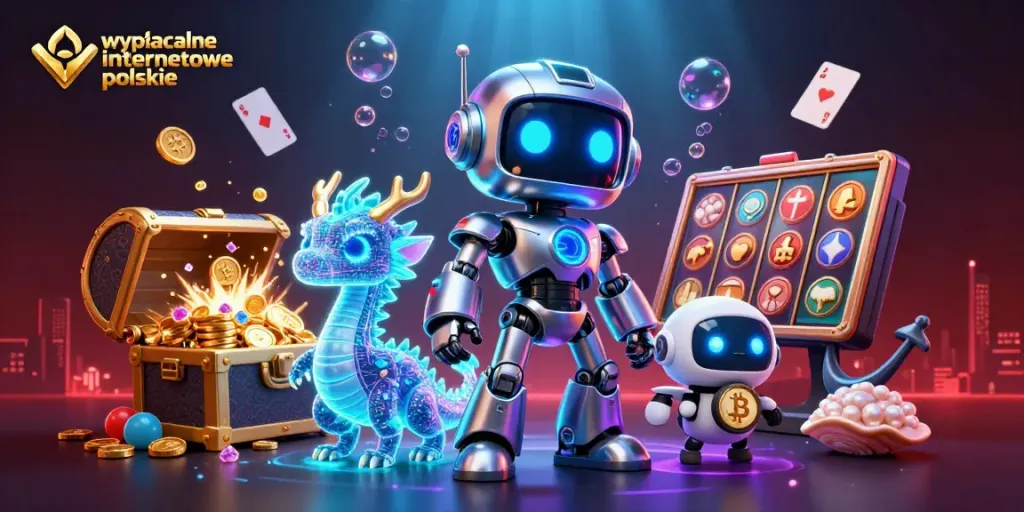 wypłacalne kasyna internetowe polskie features an ultra-detailed 3D illustration of a robot and dragon in a vibrant casino scene.