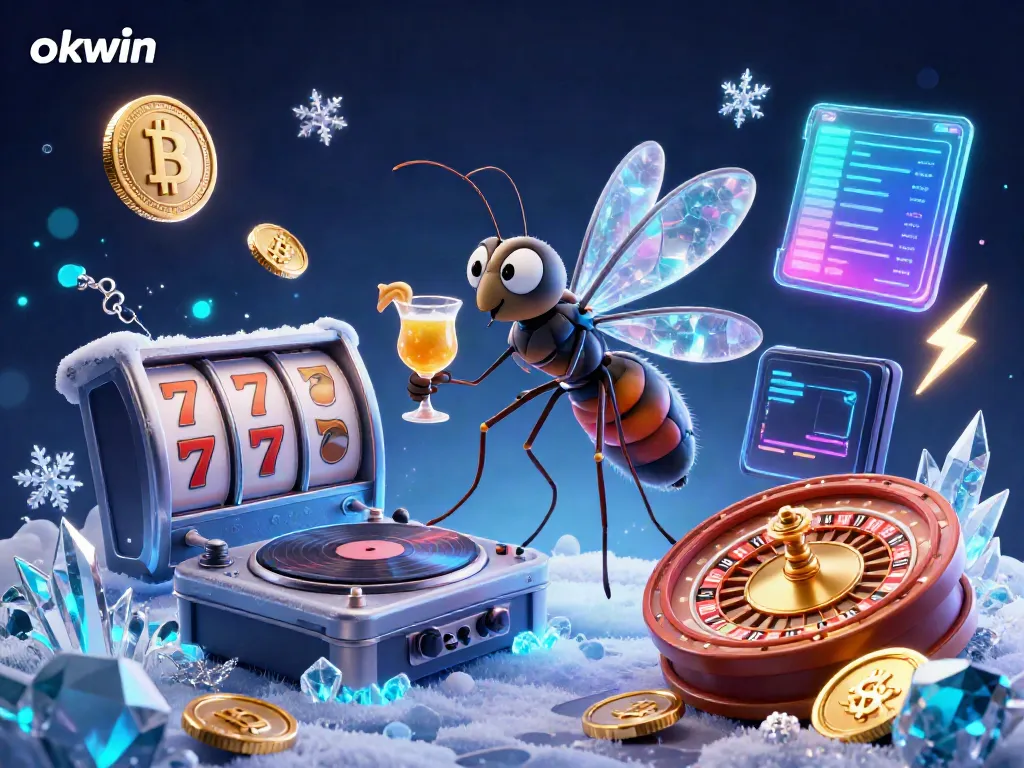 Experience excitement with okwin as a frozen mosquito mascot and trilobite DJ in a vibrant casino scene.