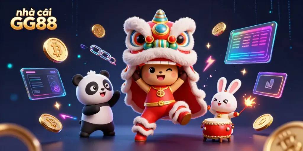 Engage in thrilling gaming experiences at nhà cái GG88 with vibrant lion dance and crypto elements.