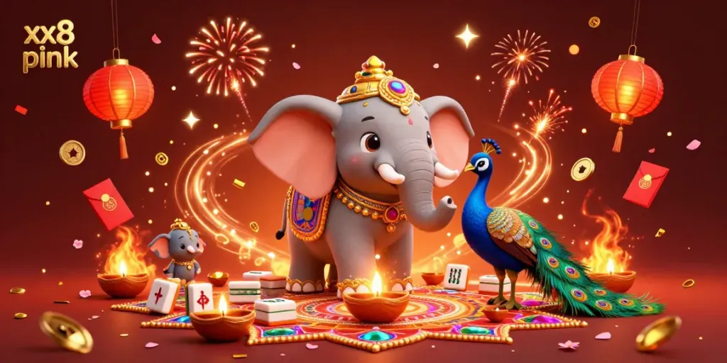 Experience the excitement of xx8 pink with a vibrant 3D casino celebration showcasing festive characters and prize elements.
