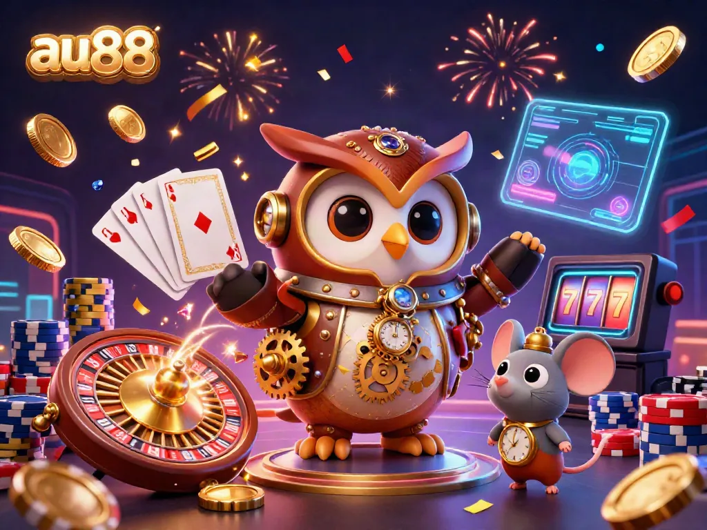Experience thrilling gameplay at au88 with a vibrant 3D illustration showcasing a steampunk owl, roulette, and cascading coins.