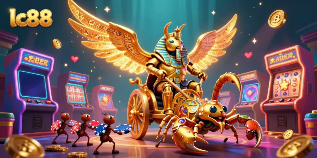 Spin vibrant slot machines with lc88's colossal golden scarab in a dazzling casino scene.