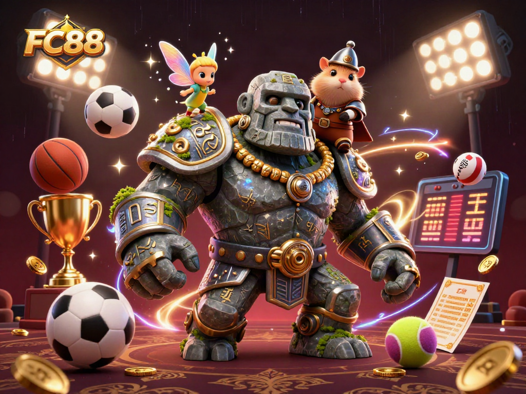 Winning bets with FC88 amidst a vibrant casino scene filled with sports elements.