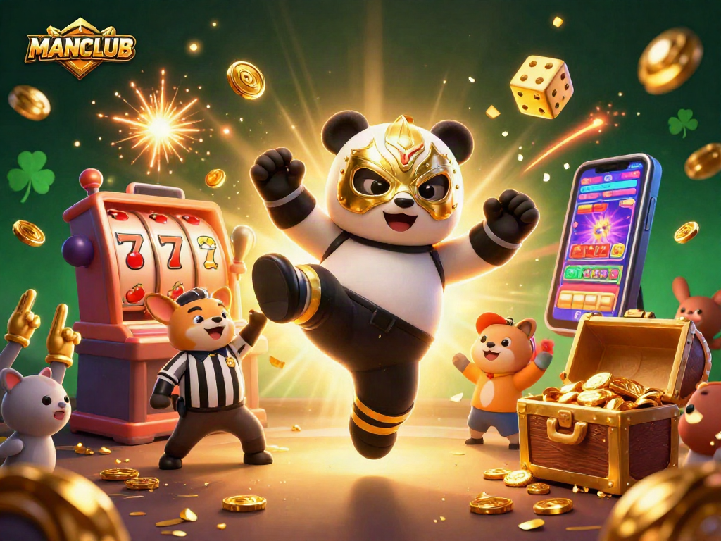 Join the action with MANCLUB as the panda wrestler kicks while slot machines explode with a jackpot!