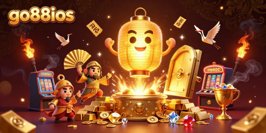 Engaging go88ios casino scene showcasing animated characters amidst cascading gold and vibrant slot machines.