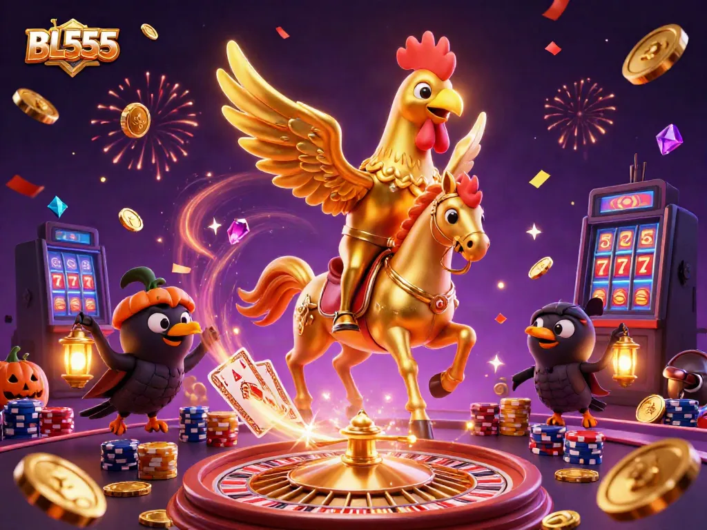 Experience thrilling gaming with BL555's immersive 3D casino scene featuring a golden rooster and vibrant game elements.