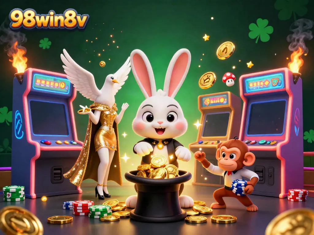 Win big with the magical charm of 98win8v in this vibrant casino illustration, featuring whimsical characters and colorful gaming elements!