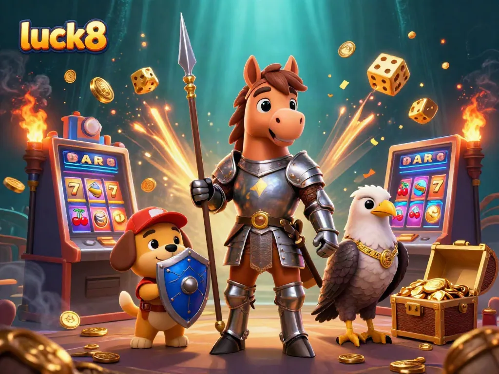 Experience thrilling wins at luck8 with this vibrant casino-themed 3D illustration.