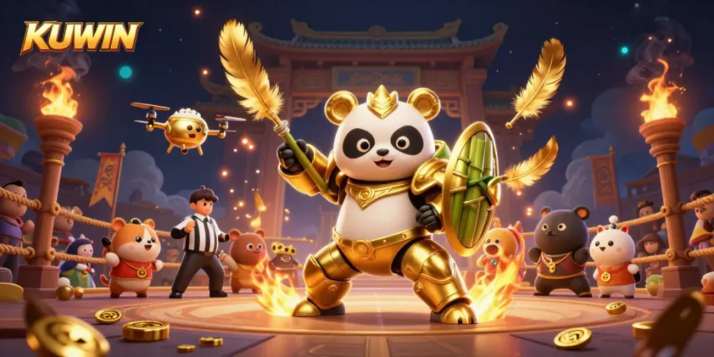 KUWIN enhances the gaming experience with a vibrant 3D arena illustration showcasing dynamic casino elements.