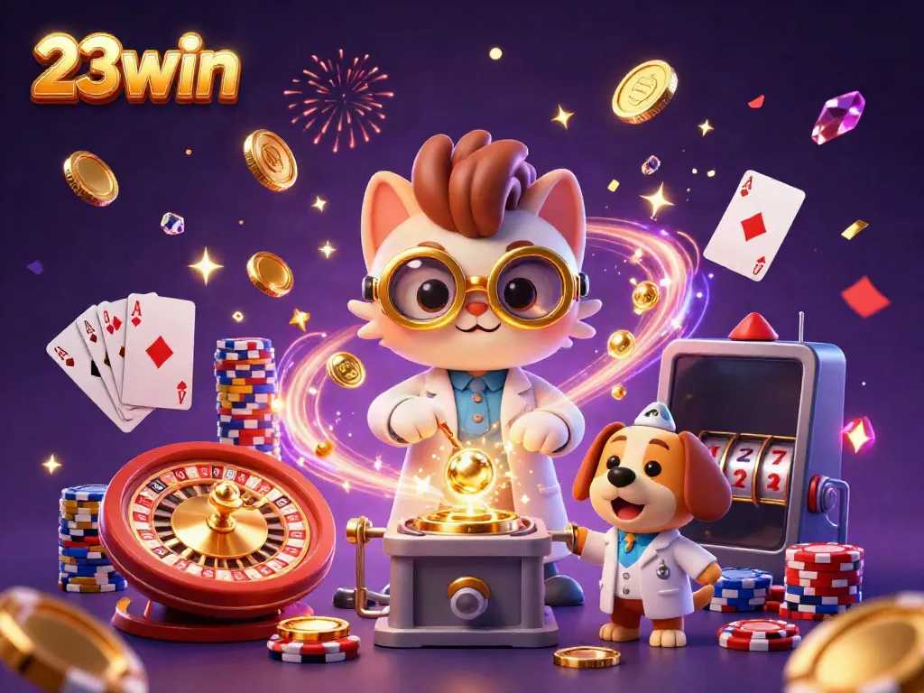 Spin the reels with 23win as a mad scientist cat and dog create gold coins!