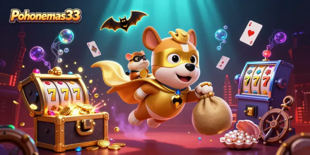 Permainan slot online di Pohonemas33 menampilkan anjing pahlawan super dan hamster beraksi dengan harta karun.