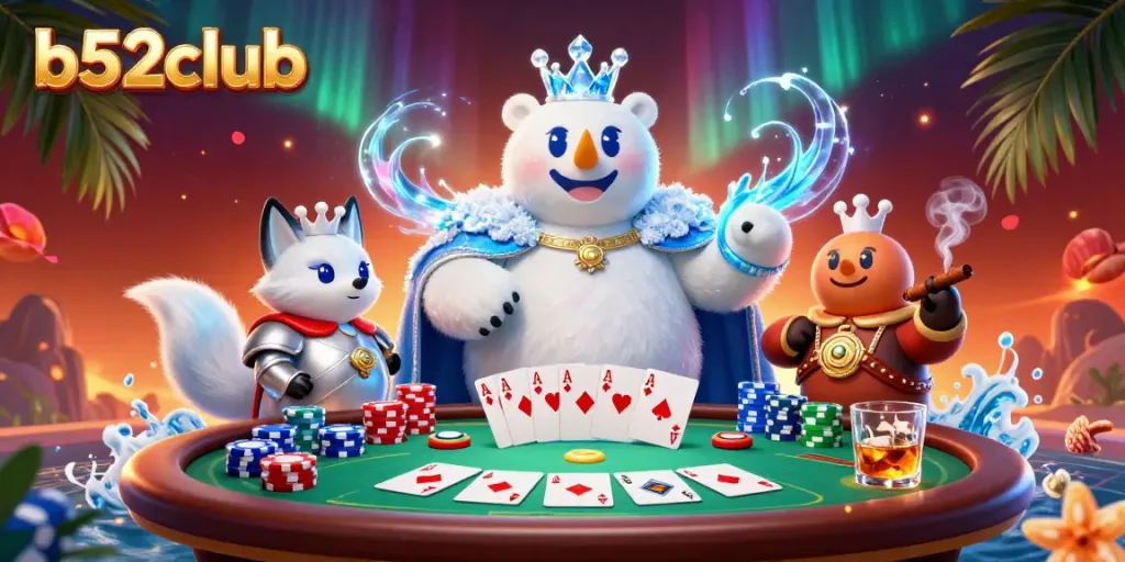Engage with thrilling poker action at b52club featuring unique 3D illustration characters.