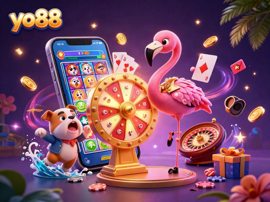 Spin the yo88 prize wheel with excitement in this vibrant casino-themed scene.