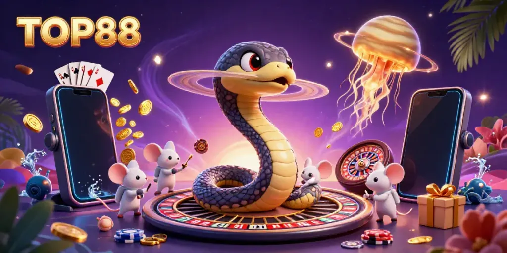 Engage with TOP88 as astronauts bet in a 3D casino cosmos with golden jellyfish and vibrant gaming elements.