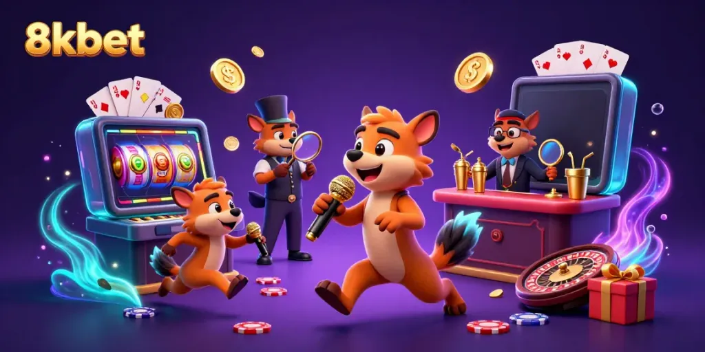 Hyenas running a comedy casino club in vibrant 3D, featuring 8kbet elements.