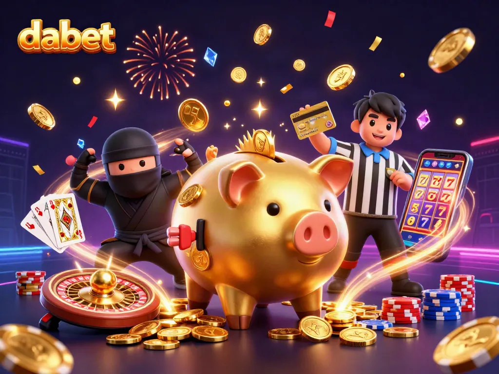 Dabet showcases a lively scene with a golden piggy bank wrestler surrounded by dynamic casino elements and vibrant celebration effects.