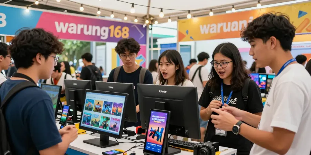 Excited shoppers exploring game options at the warung168 marketplace.