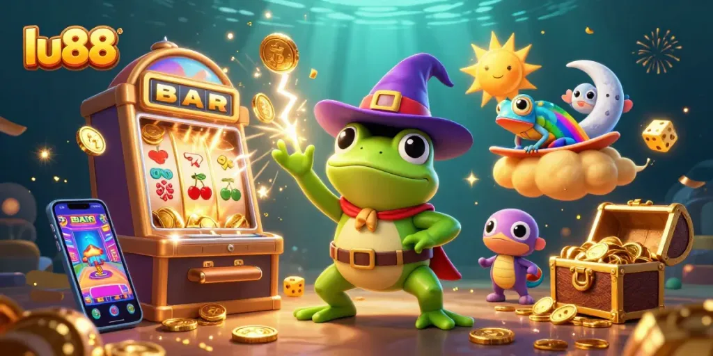 Join the adventure at lu88 with a wizard frog, chameleon, and gold coins amidst exciting casino elements.