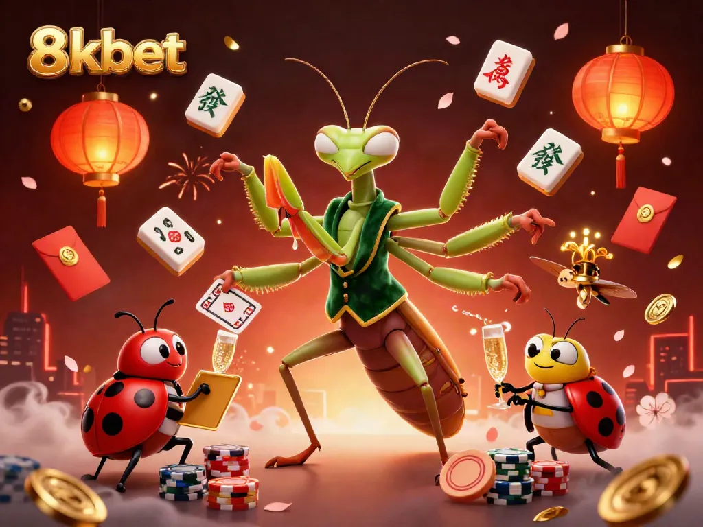 Experience the thrill with 8xbet as the mantis dealer shuffles cards amidst golden treasures.