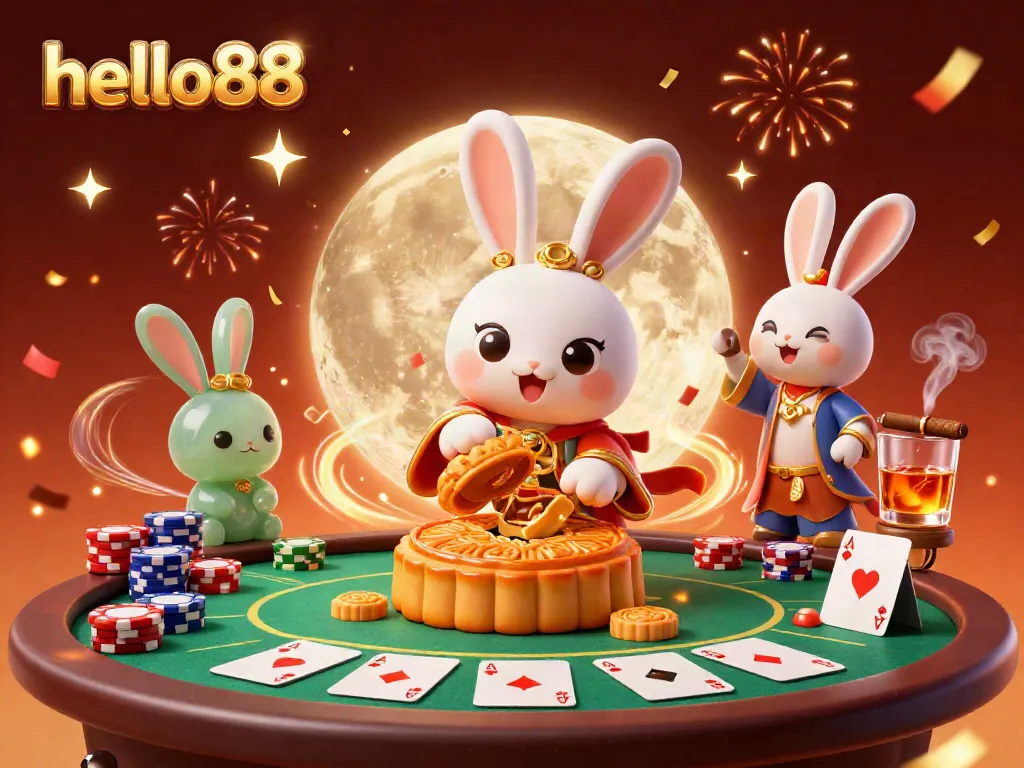 Engage in thrilling poker action at hello88 with dynamic moon rabbits, poker chips, and festive decorations.