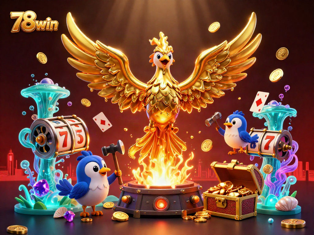 Experience the excitement of 78win with stunning 3D visuals featuring golden phoenix and casino elements.