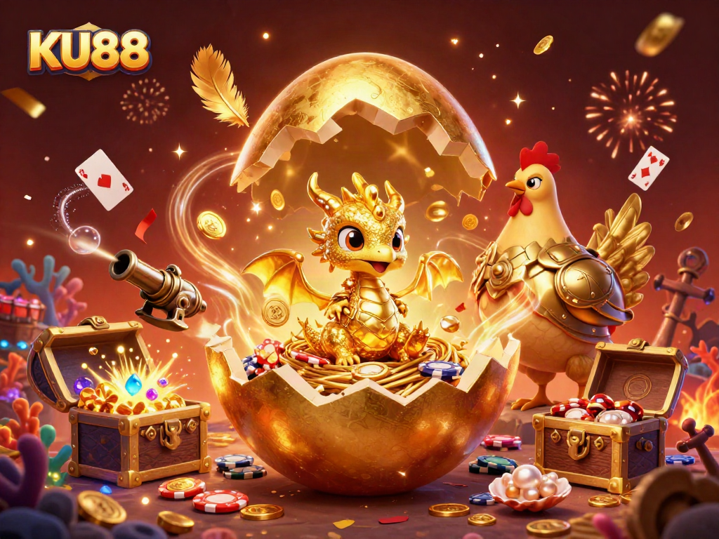 Bet on KU88 with engaging casino elements like poker chips and a golden dragon in a dynamic scene.