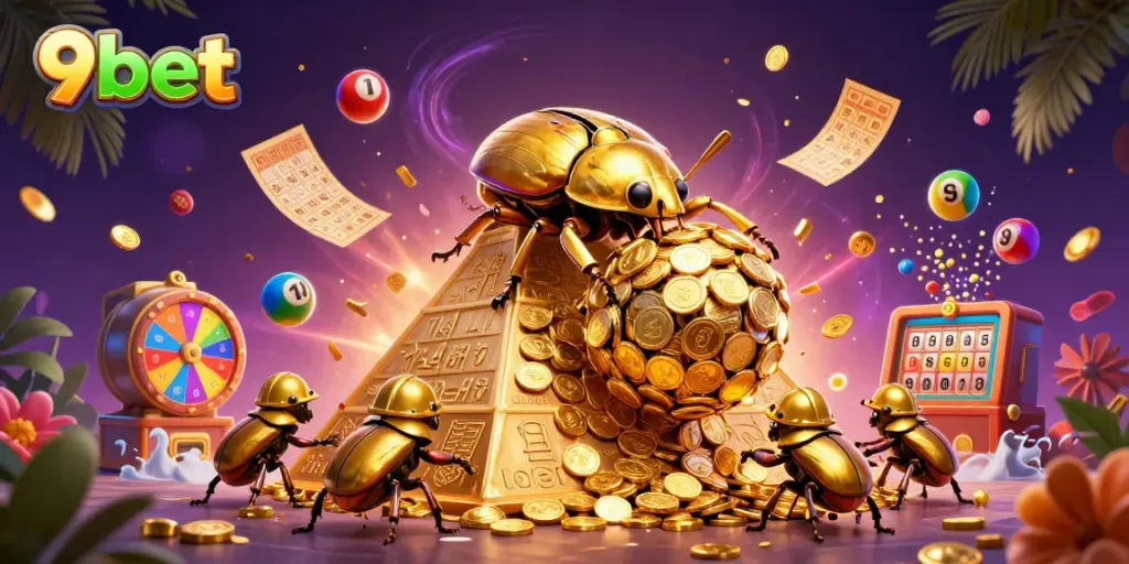 Experience winning excitement at 9bet with vibrant animations of golden coins and lottery elements.