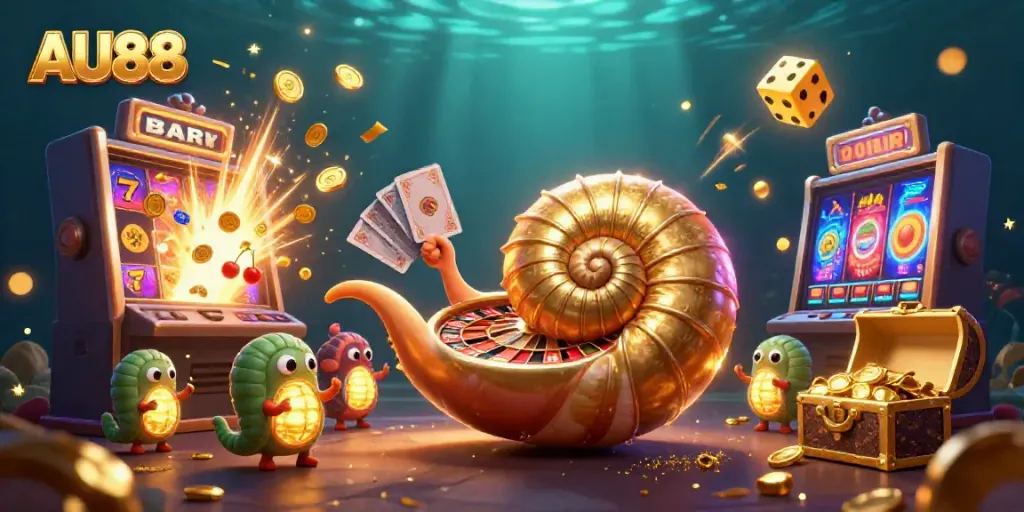 Experience the thrilling AU88 casino with a vibrant 3D illustration depicting games and characters.