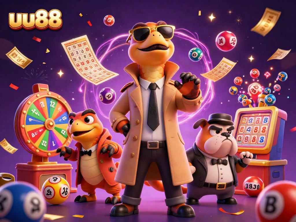 uu88 draws excitement as raptors infiltrate a casino, bouncing lottery balls and vibrant elements surround