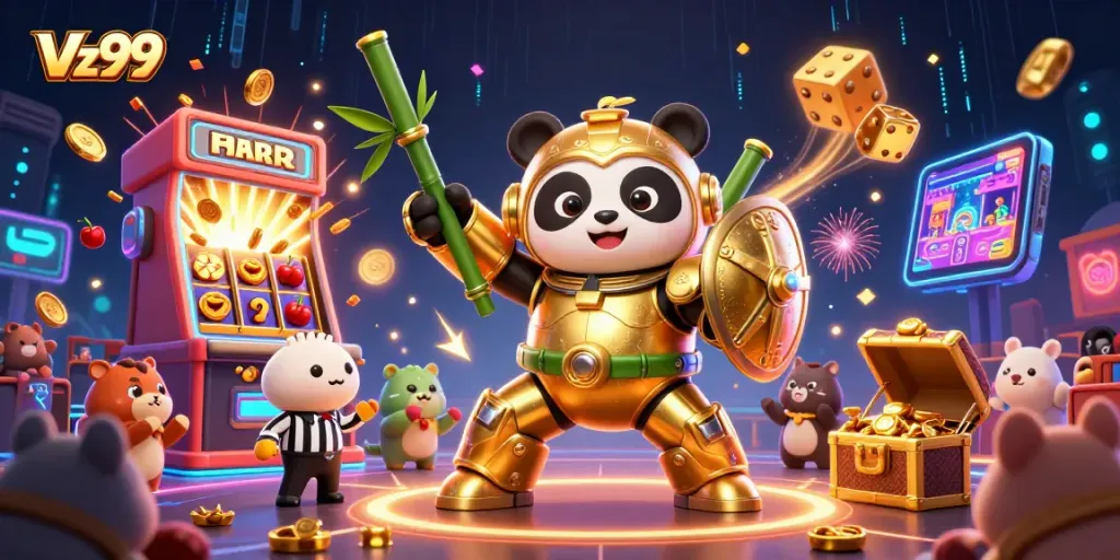 Experience exciting gaming at Vz99 with a vibrant 3D illustration depicting a dynamic casino environment.