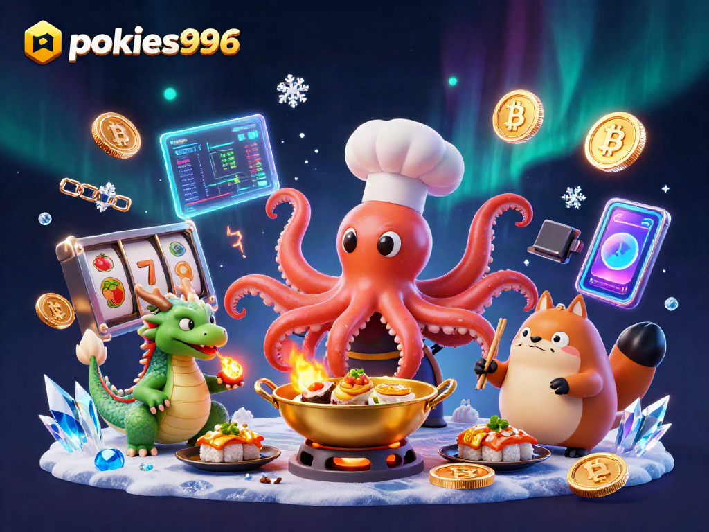 Experience the excitement of pokies996 with a vibrant sushi chef octopus and dragon in a gaming scene.